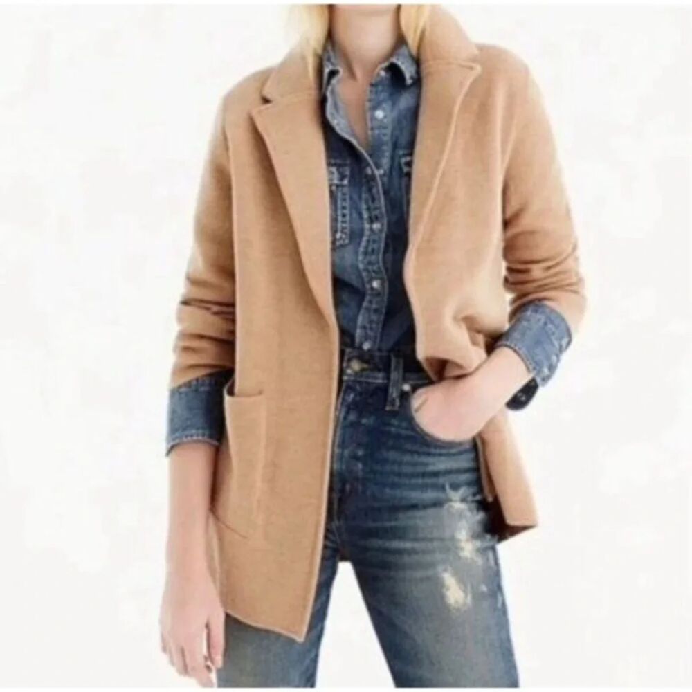 J. Crew Sophie Open Front Wool Blend Sweater Blazer Tan Camel Size Medium
